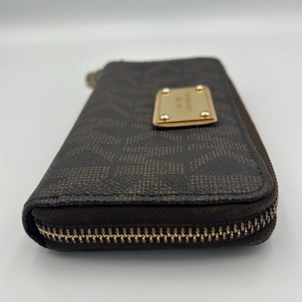 Michael Kors Dark Brown‎ Monogram MK Logo Zip Around Wallet Goldtone Hardware